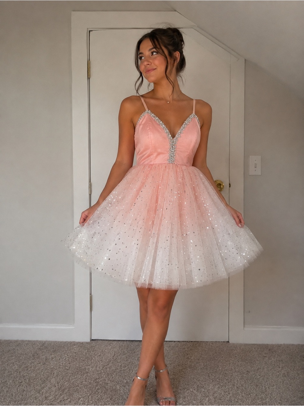 SHEIN Pink Ombre Glitter Tulle Mini Dress